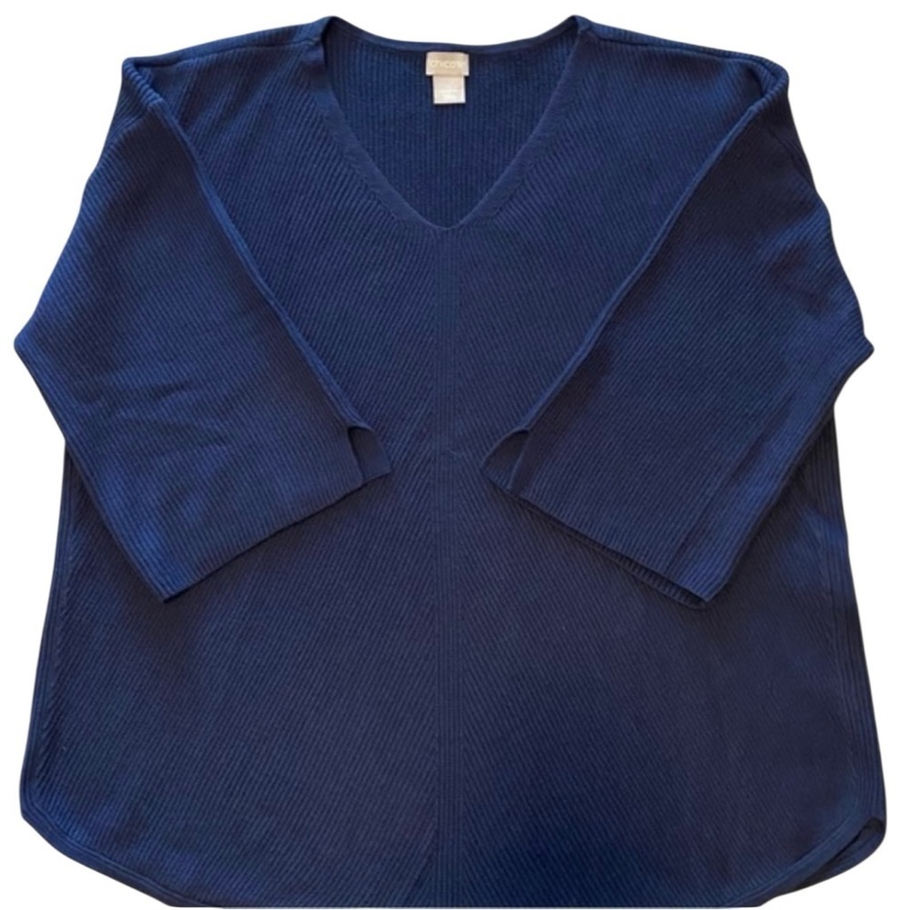 CHICO’S Ribbed 3/4 sleeved V-neck Pullover Tunic Sweater in Dark Blue
